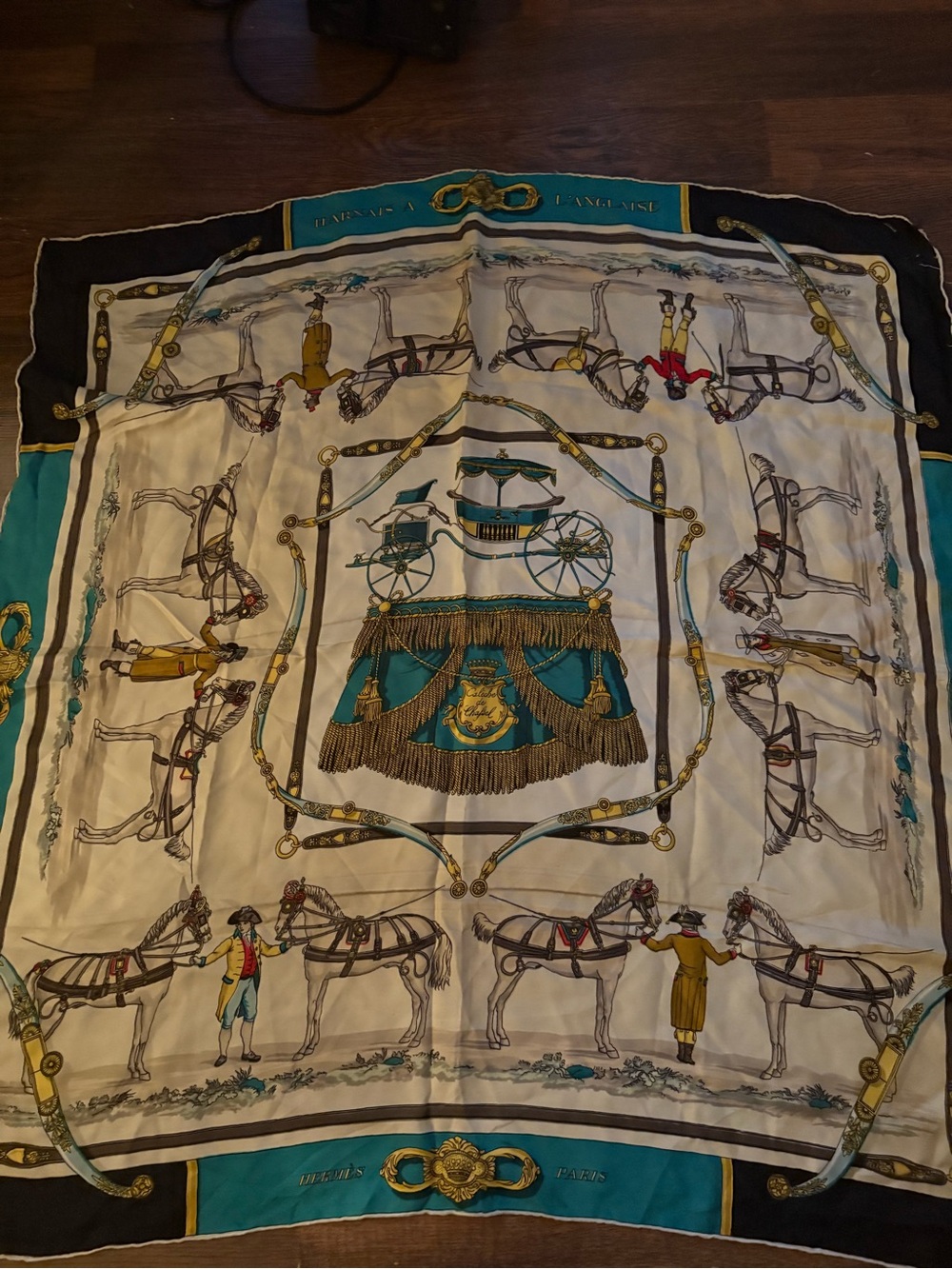 Hermes Cream and Teal Carriage Motif Scarf